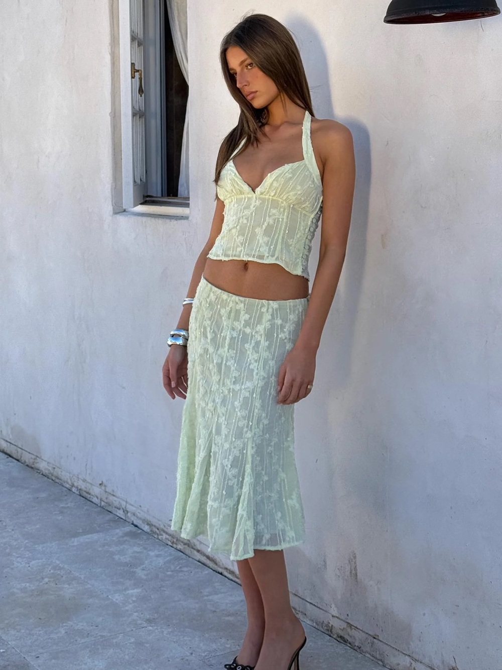 Princess Polly Aspyn Embroidered Green Midi Skirt and Halter Top Set